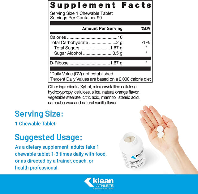Klean ATHLETE Klean Endurance | D-Ribose to Restore Energy, Support Cardiac Function and Reduce Muscle Fatigue | NSF Certified for Sport | 90 Chewable Tablets | Natural Orange Vanilla Flavor