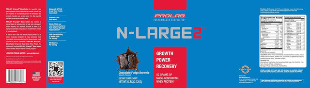 Prolab N-Large2 Mass Gainer - Powerful Mass Gaining Support Formula - Promotes Muscle Size, Growth, and Recovery - New (Chocolate Fudge Brownie, 6 LB)