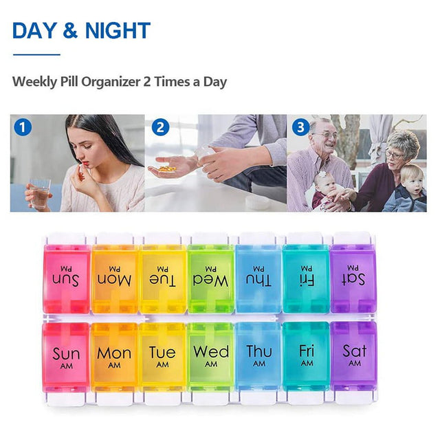 AM/PM Weekly 7 Day Pill Organizer Large Daily Pill Cases Box with Easy Push Button Design for Pills Vitamin Fish Oil Supplements Organizers,Colorful