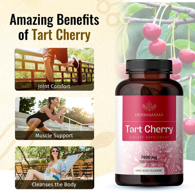 HERBAMAMA Tart Cherry Extract 250 Capsules - Joint Support & Uric Acid Control