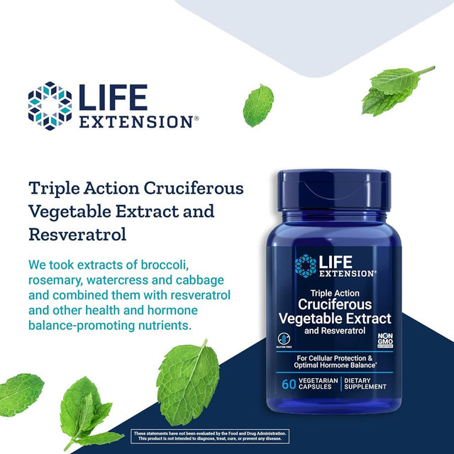 Life Extension Triple Action Cruciferous Vegetable Extract & Resveratrol – Veggie Food Based Formula Supplement for Cellular Protection Support & Hormone Balance – Gluten Free – 60 Capsules