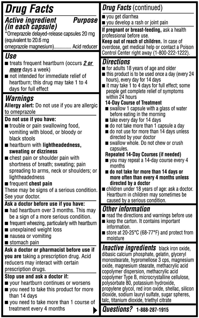 Equate Omeprazole Delayed-Release Acid Reducer Capsules 20Mg, 14 Count