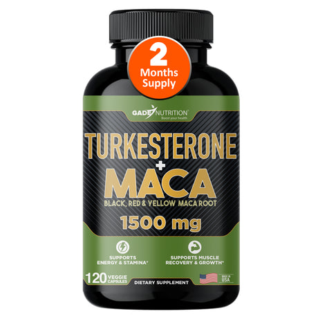 Gade Nutrition Maca Root Powder Capsules with Turkesterone 2 Month Supply with Black, Red, Yellow Peruvian Maca for Both Men & Women