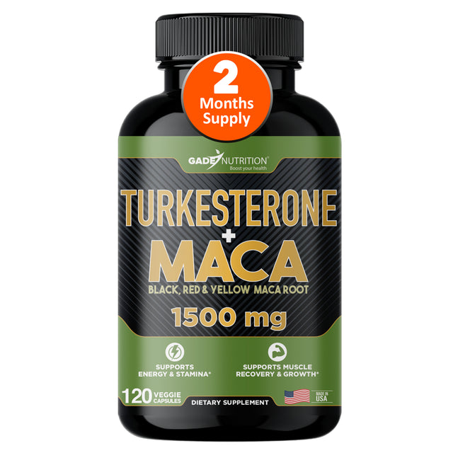 Gade Nutrition Maca Root Powder Capsules with Turkesterone 2 Month Supply with Black, Red, Yellow Peruvian Maca for Both Men & Women