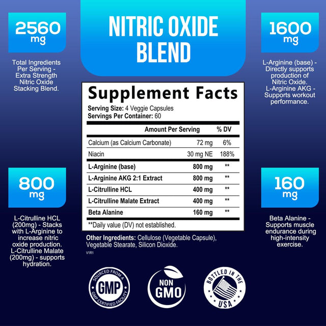 Extra Strength Nitric Oxide Supplement L Arginine 3X Strength - Citrulline Malate, AAKG, Beta Alanine - Premium Muscle Supporting Nitric Booster for Energy & Strength to Train Harder - 240 Capsules