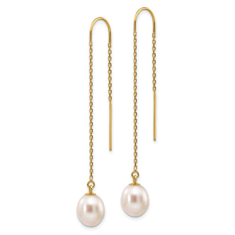 Finest Gold 14K Yellow Gold 7-8 Mm White Rice Freshwater Cultured Pearl Dangle Threader Earrings
