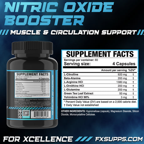 FX Supps Nitric Oxide Booster 240Ct Capsules - 1380 Mg L-Arginine, L-Citrulline, and Beta-Alanine for Vascularity & Energy