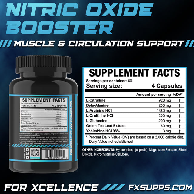 FX Supps Nitric Oxide Booster 240Ct Capsules - 1380 Mg L-Arginine, L-Citrulline, and Beta-Alanine for Vascularity & Energy