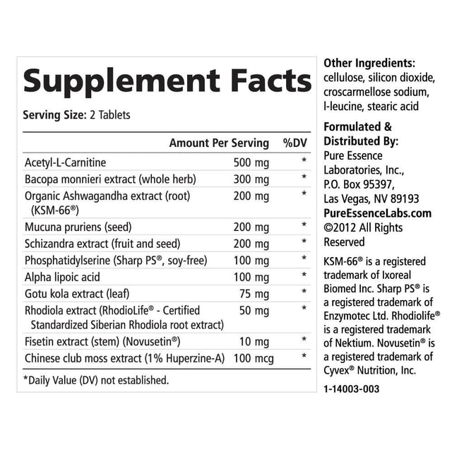 Brain Essence Natural Booster Supplement - for Healthy Memory, Focus and Clarity Support - Rhodiola, Bacopa Monnieri, Ashwagandha by Pure Essence - 60 Tablets
