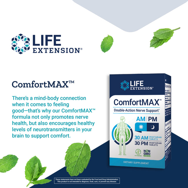 Life Extension Comfortmax™ - Honokiol and PEA for Nerve Support & Discomfort Relief - Gluten-Free, Non-Gmo - 30 AM & 30 PM Vegetarian Tablets