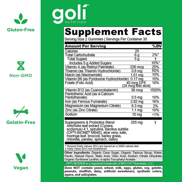 Goli Nutrition Supergreen Gummies, 60 Count, Fruit Blend Flavor (3-Pack)