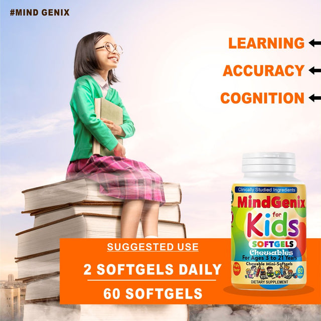 Mindgenix Kids Brain Focus Supplements for Kids & Teens, Kids Omega 3 Brain Booster Nootropic Supplement Focus Softgels 60Ct