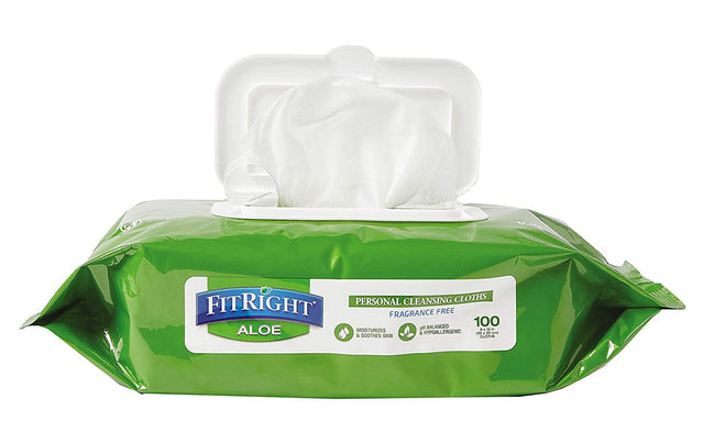 Medline Fitright Aloe Personal Cleansing Cloth Wipes, Unscented, 8 X 12 Inch Adult Large Incontinence Wipes, 100 Count, Pack of 6 - White