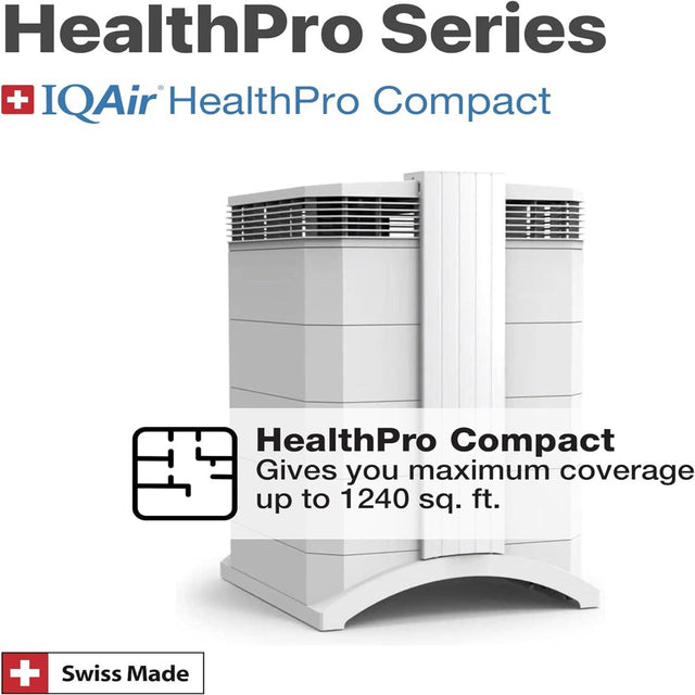 Iqair Healthpro Compact H14 Hyperhepa Air Purifer for Large Rooms up to 1240 Sq Ft - Filters Bacteria/Viruses, Smoke, Allergens, and Asthma Triggers