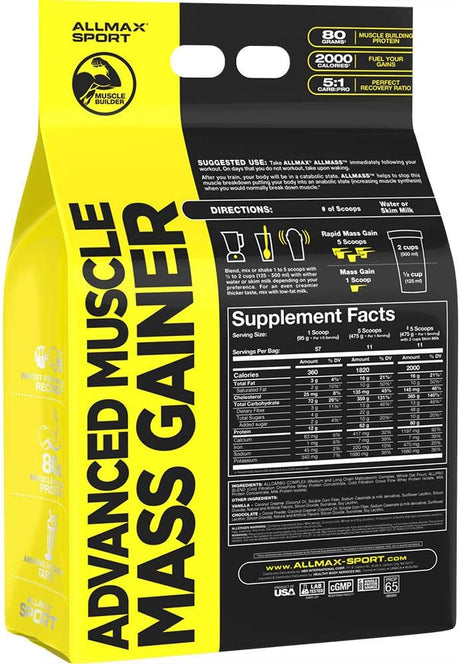 ALLMAX ALLMASS, Vanilla - 12 Lb - Advanced Muscle Gainer - up to 80 Grams of Protein per Serving - 5:1 Carb-To-Protein Ratio - Zero Trans Fat - up to 57 Servings