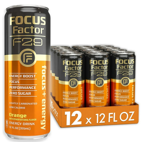 Focus Factor F29 Nootropic Focus + Energy Drink (Orange Flavor) – Sugar Free, Pack of 12 – Lightly Carbonated – 10 Calories per Serving – Nootropic Beverage