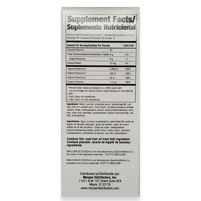 Emulsion De Escocia Cod Liver Oil Dietary Supplement. Rich in Vitamins A, D, E and B1. Cherry Flavoured. 6.5 Fl Oz. Pack of 3