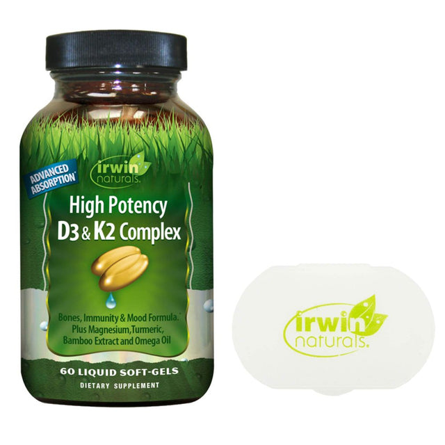 Irwin Naturals High Potency D3 & K2 Complex for Healthy Bones, 60 Liquid Softgels Bundle with a Irwin Naturals Pill Case