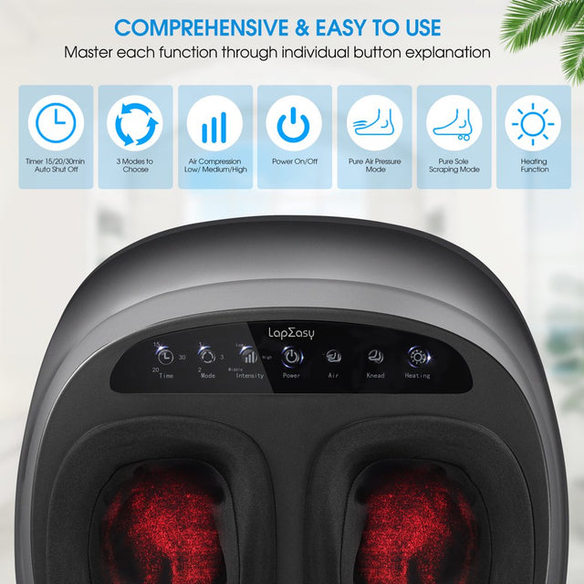 Foot Massager with Heat, Shiatsu Deep Kneading, Air Compression & 3 Heating Levels, Timer, Delivers Relief for Tired Muscles and Plantar Fasciitis & Neuropathy Pain, Gifts for Home and Office Use