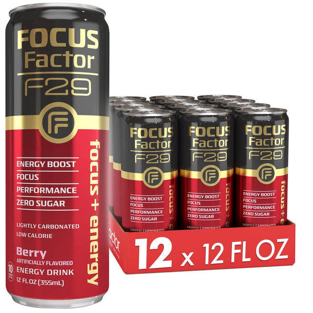 Focus Factor F29 Nootropic Focus + Energy Drink (Berry Flavor) – Sugar Free, Pack of 12 – Lightly Carbonated – 10 Calories per Serving – Nootropic Beverage