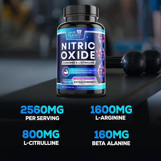 Extra Strength Nitric Oxide Supplement L Arginine 3X Strength - Citrulline Malate, AAKG, Beta Alanine - Premium Muscle Supporting Nitric Booster for Energy & Strength to Train Harder - 240 Capsules