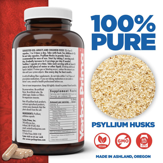 Yerba Prima Psyllium Husks Veg Caps, 400 Capsules (625Mg) - Colon Cleanser, Daily Fiber Supplement