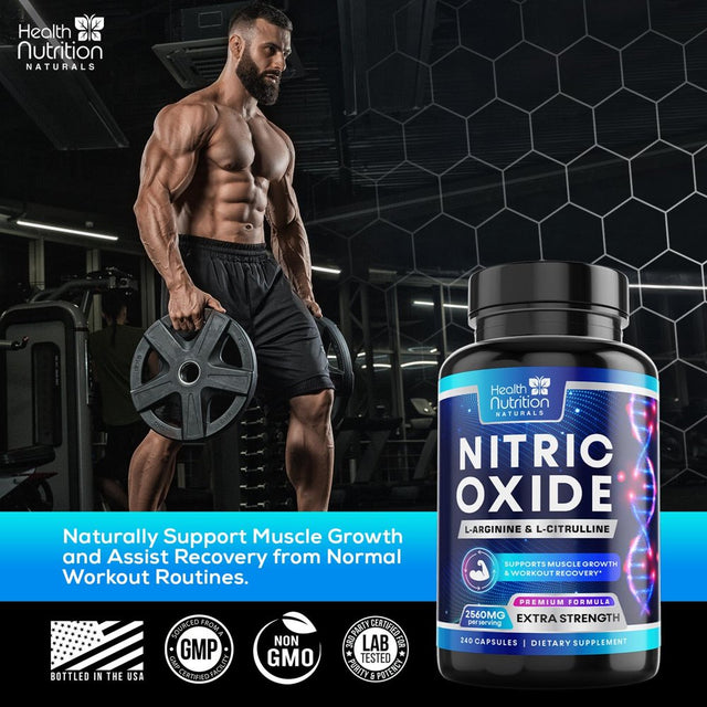 Extra Strength Nitric Oxide Supplement L Arginine 3X Strength - Citrulline Malate, AAKG, Beta Alanine - Premium Muscle Supporting Nitric Booster for Energy & Strength to Train Harder - 240 Capsules