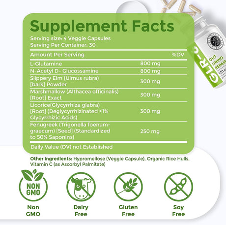 GLR-6 - Gut Lining Repair Supplement for Gut Health - Leaky Gut Repair with L-Glutamine, Slippery Elm, DGL Licorice Root, Marshmallow Root, Fenugreek - IBS, IBD, GERD - Vegan