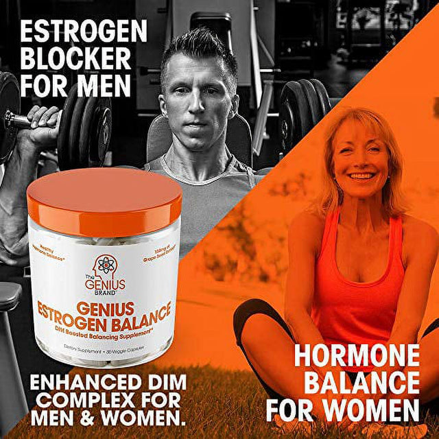 Genius Estrogen Balance, DIM Supplement - Estrogen Blocker for Men & Women - Hormones, Hormonal Acne & Menopause - Anti-Estrogen Aromatase Inhibitor with Grape Seed Extract & Bioperine - 30 Capsules