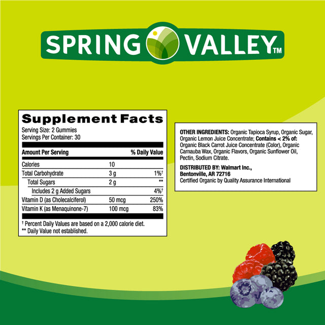 Spring Valley Non GMO K2 and D3 Vegetarian Gummies, Mixed Berry, 50 Mcg (2000 IU), 60 Count