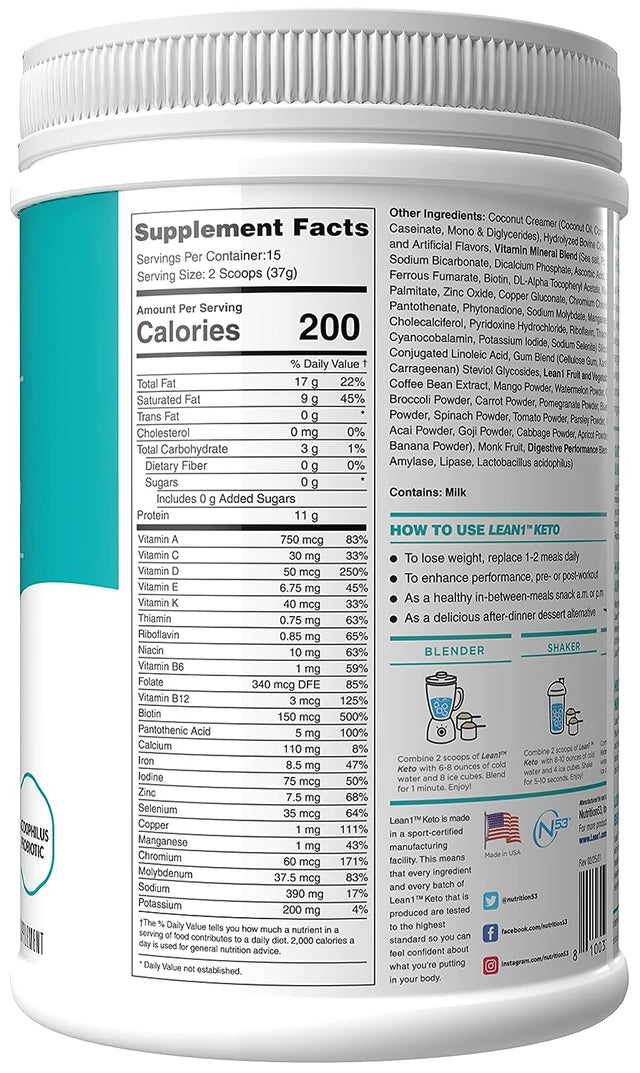 Lean1 KETO, Vanilla Flavor, 15 Serving Tub, Ketogenic Fat Burning Meal Replacement by Nutrition 53