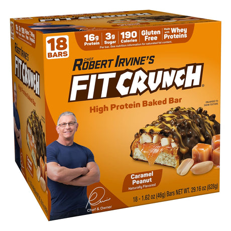 FITCRUNCH Snack Size Protein Bars, Designed by Robert Irvine, 6-Layer Baked Bar, 3G of Sugar & Soft Cake Core (18 Bars, Caramel Peanut)