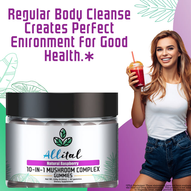 Allital 10-IN-1 Mushroom Complex | Mushroom Supplement 2500Mg | 60 Vegan Mushroom Gummies | Lions Mane, Cordyceps, Chaga, Shiitake, Reishi, Maitake, Turkey Tail, Royal Sun, White Button and Cloud Ear