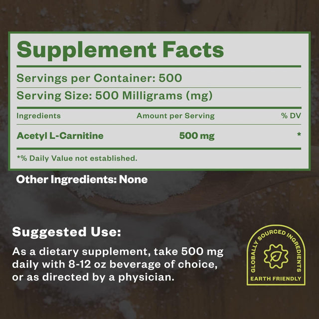 Acetyl L-Carnitine Powder, 250G, ALCAR Powder, Amino Acid Supplement, Acetyl L-Carnitine Supplement for Better Cognitive Performance and Muscular Endurance, Gluten Free, Non-Gmo, 500 Servings