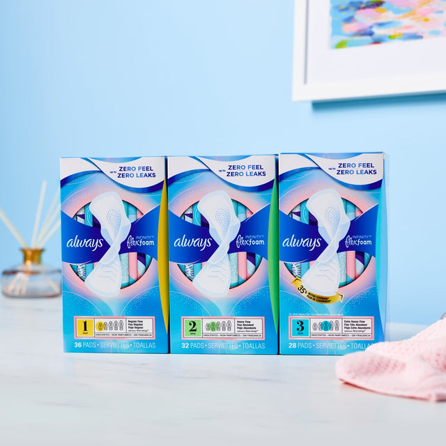 Always Infinity Feminine Pads with Wings, Size 2, Heavy Absorbency, Unscented, 32 Count