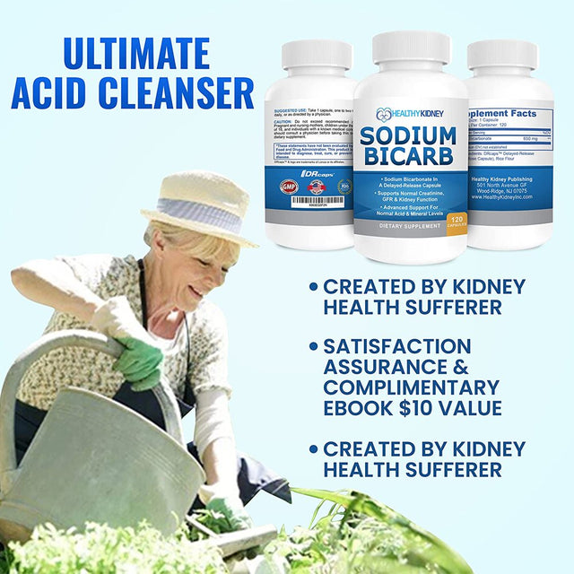 Healthy Kidney Sodium Bicarb 650Mg Capsules, Sodium Bicarbonate to Support Normal Kidney Function, Kidney Health Supplement for Kidney Support, Acid Relief, Alkalinity, 120 Capsules