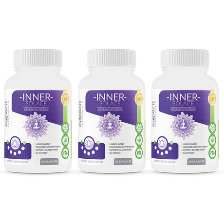Inner Solace - Anxiety Relief Supplement – 3 Pack - Comprehensive Formula for Anxiety Relief & Stress Management in Men & Women – 60 Capsules - Made in USA – Money Back Guarantee.