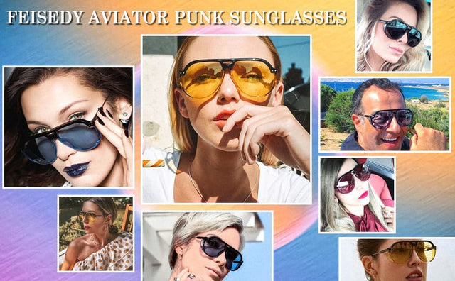 FEISEDY Women Men Vintage Aviator Sunglasses Side Shield Large Sqaure Frame Punk Style UV400 Protection B2237