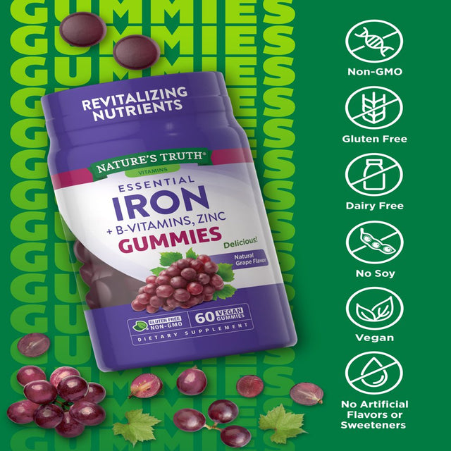 Iron Gummies | 60 Count | Vegan, Non-Gmo & Gluten Free Supplement | with B Vitamins & Zinc | Grape Flavor | by Natures Truth
