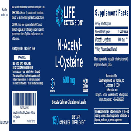 Life Extension N-Acetyl-L-Cysteine (NAC) 600Mg, 150 Capsules - NAC Supplement