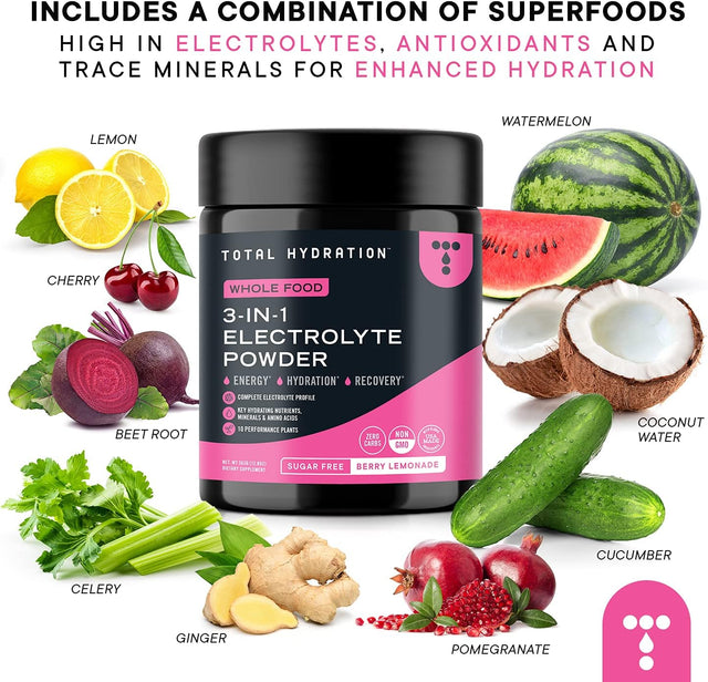 3-In-1 Electrolyte Powder - Sugar Free Low Carb Electrolyte Powder - Keto Electrolytes Hydration Powder - Whole Food Electrolytes Powder Drink Mix in Berry Lemonade, 363G [30 Servings]