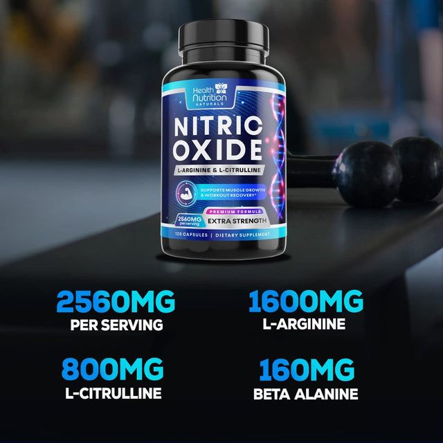 Health Nutrition Naturals Extra Strength Nitric Oxide Supplement L Arginine 3X - Citrulline Malate, AAKG, Beta Alanine Premium Muscle Building Booster for & Energy to Train Harder 120 Capsules Count