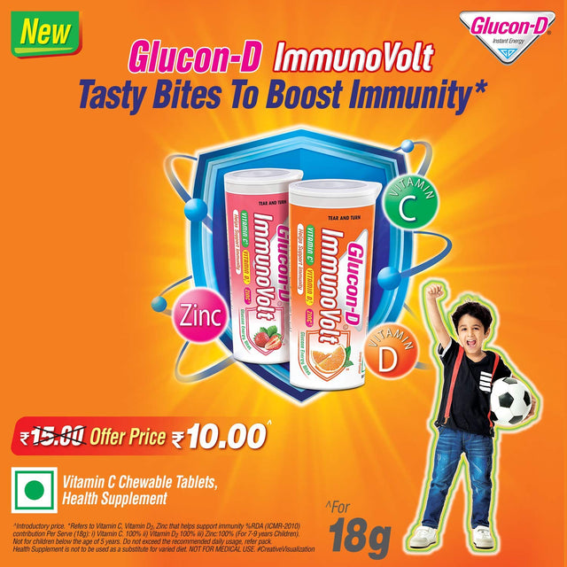 Glucon-D Immunovolt Energy Bite Tube (9 Chewable Tablets) 18Gm (Orange - Pack of 10 Tubes)