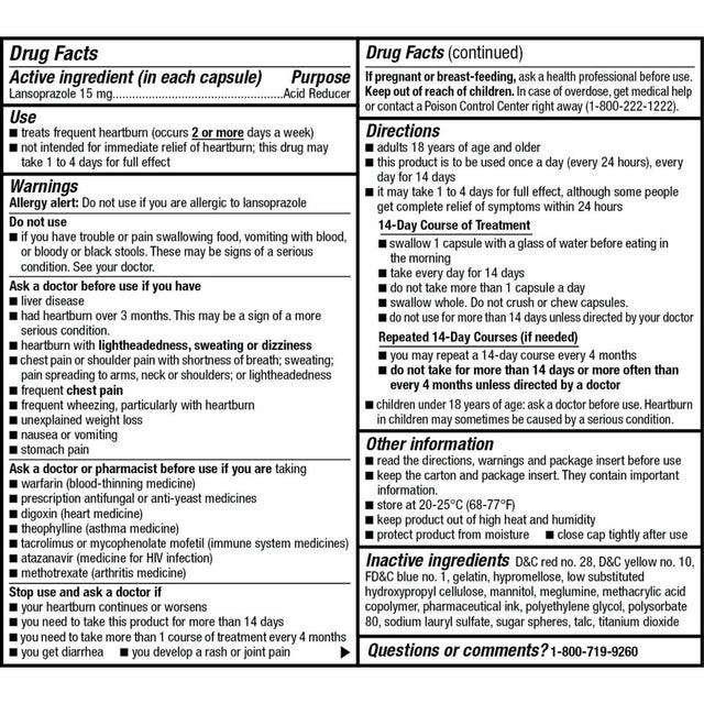 Kirkland Signature Lansoprazole 15 Mg. Acid Reducer, 42 Capsules
