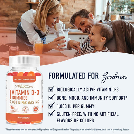 SM Nutrition Vitamin D3 2000 IU Gummies | Bone, Mood, and Immunity Support | 90 Gummies