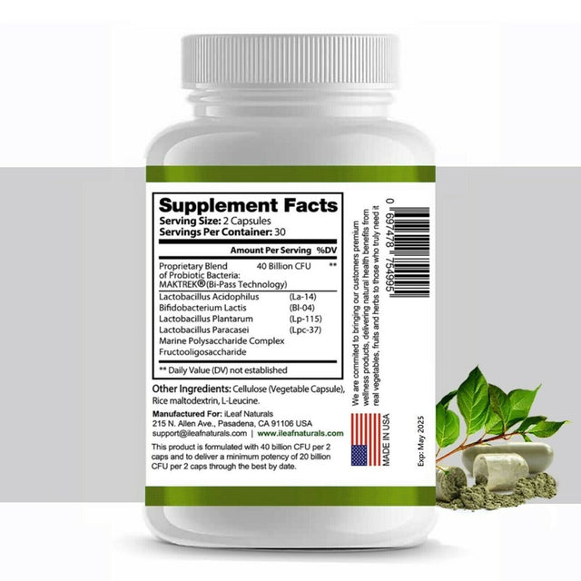 Ileaf Naturals Probiotic 40 Billion CFU with Maktrek® Bypass - 60 Veggie Capsules