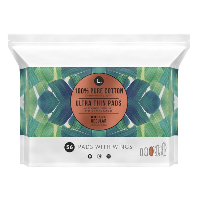 L. Ultra Thin Pads, Regular Absorbency, 56 Ct, 100% Pure Cotton Top Layer