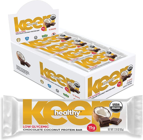 Keep Healthy Low Glycemic Vegan Protein Bars Chocolate Coconut - 12G Plant Based Protein Low Sugar - Gluten Free, Soy Free, Dairy Free Protein Bar (12 Bars)