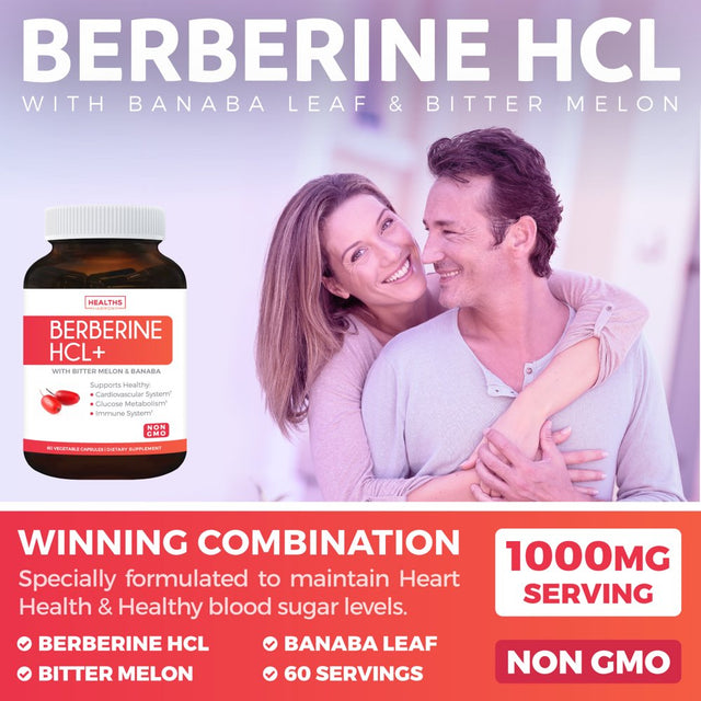 Healths Harmony Berberine HCL 500Mg with Bitter Melon & Banaba - Blood Sugar Support Supplement with AMPK Metabolic Activator, 60Ct
