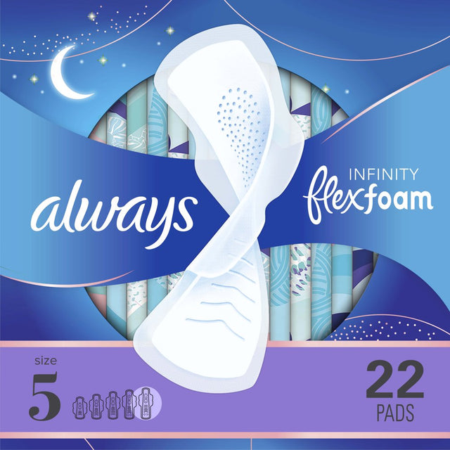Always Infinity Feminine Pads with Wings, Size 5, Extra Heavy Overnight Absorbency, Unscented, 22 Count